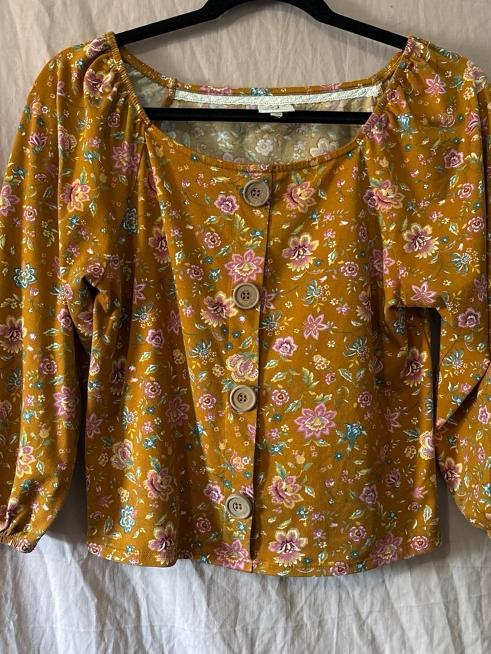 Self Esteem Mustard Floral Button-Front Blouse